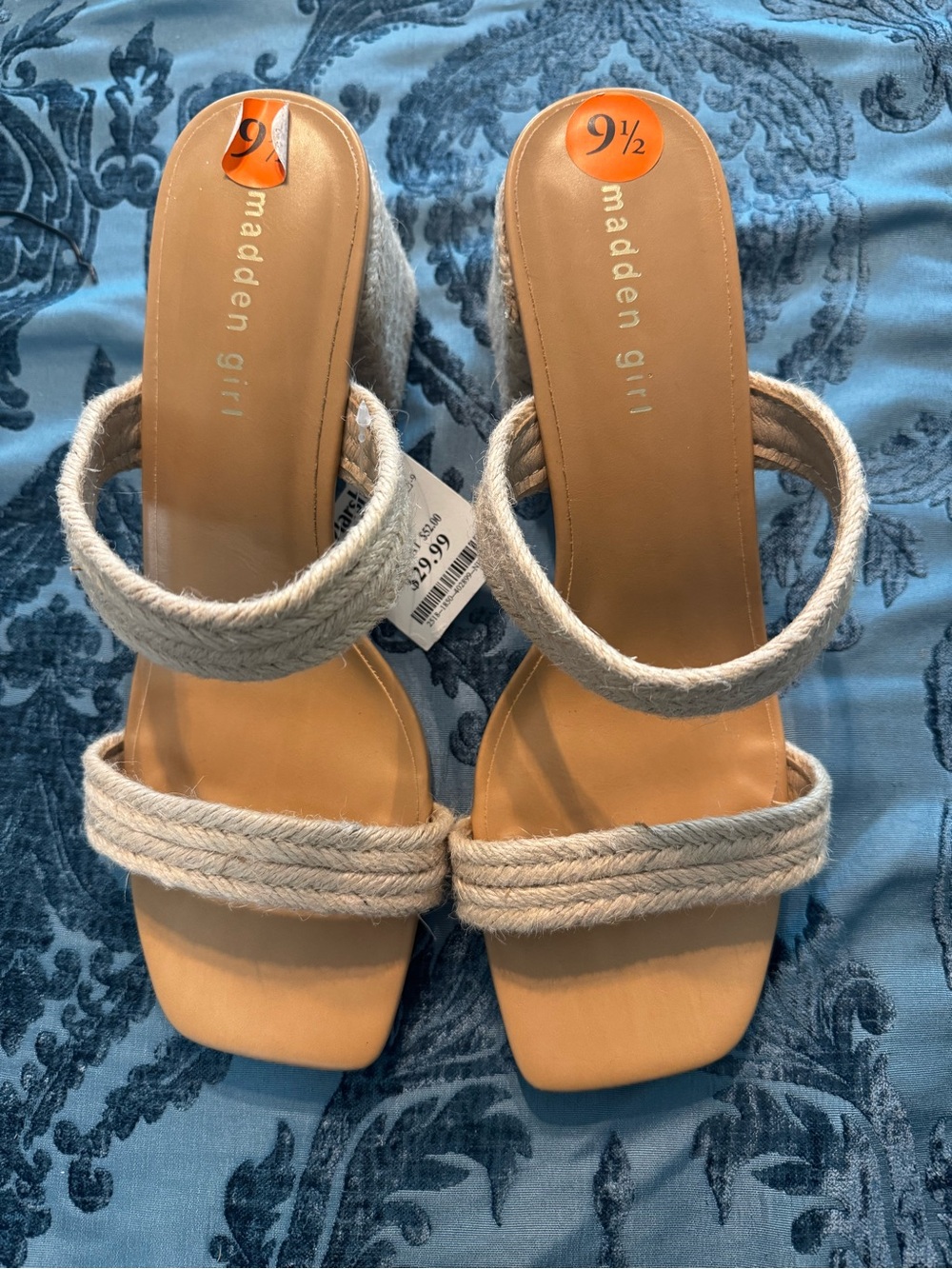 Madden Girl Beige Rope Strap Block Heel Slides